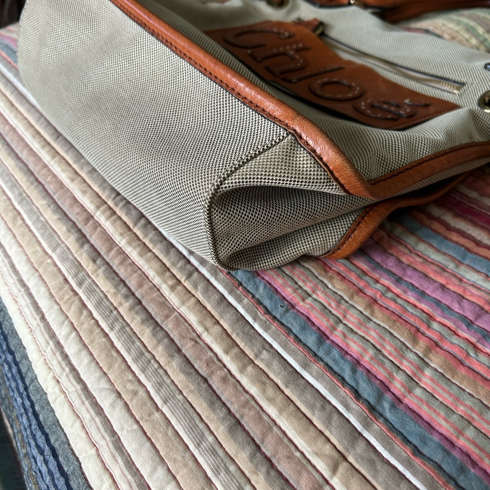 Chloé Beige Canvas and Tan Leather Hobo Tote - Picture 4 of 12